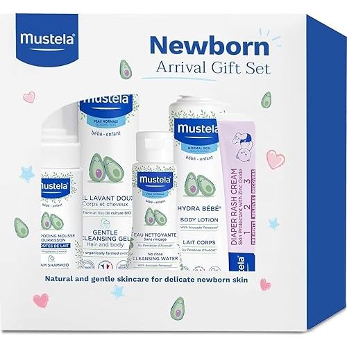 Mustela Newborn Arrival Gift Set - Baby Skincare & Bath Time Essentials - Natural & Plant Based - 5 Items Set
