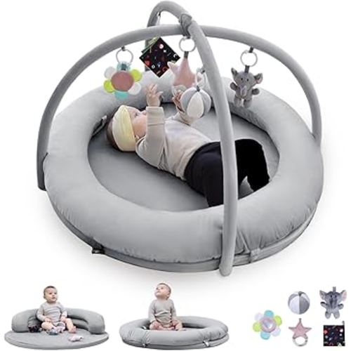 Hiseeme 5 in 1 Baby Play Gym, Thick & Plush Baby Playmats, Tummy Time Mat with 5 Toys for Sensory & Motor Skill Development, Baby Activity Mat from Newborn to Toddler, Infant Gift Essentials (Grey)