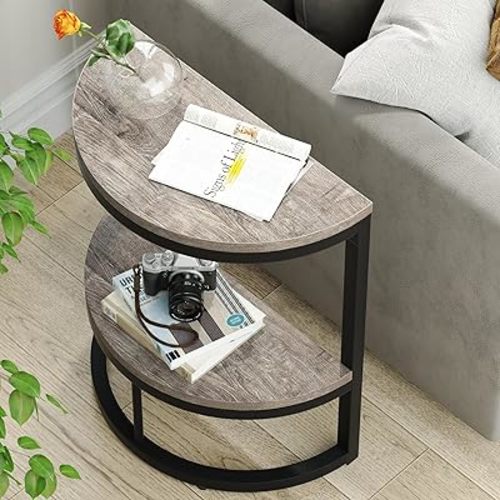Tribesigns 2-Tier End Table Semi Circle, Small Half Round Side Table with Storage Shelf, Wood Accent Slim C Table for Sofa Couch, Living Room, Bedroom, Small Space, Easy Assembly, Rustic Grey