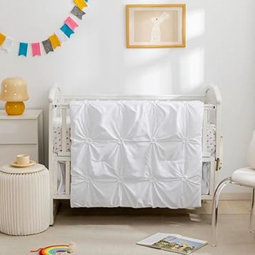 PINNKKU 3-Piece Crib Bedding Set for Boy Girls, includes Crib Skirt, Blanket and Crib Sheet, Crib Baby Bedding, Pintuck Pinch Pleat White