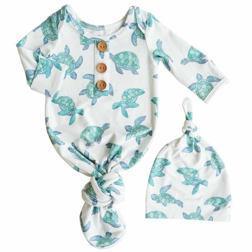 Totally Turtles Newborn Baby Knot Gown & Hat Set