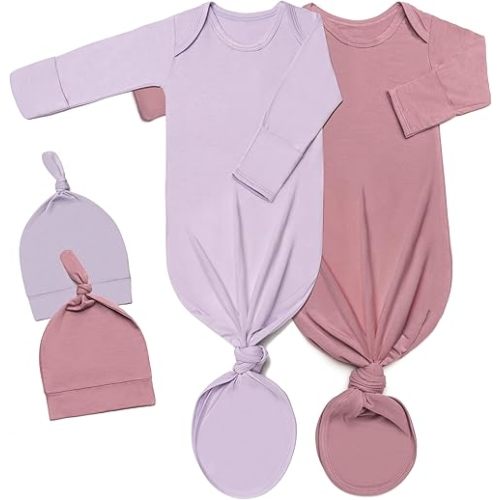 2Pk Newborn Baby Knotted Gown, Super Soft Silky Infant Long Sleeve Sleeper for Baby Sleeping with Hat Purple & Deep Pink(2 Packs, Size Newborn)