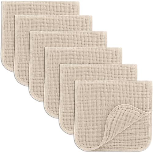 Comfy Cubs Muslin Burp Cloths Set Large 100% Cotton Hand Washcloths for Babies, Baby Essentials 6 Layers Extra Absorbent and Soft Boys & Girls Baby Bibs & Burp Cloths Set (Sand, 6-Pack, 20" X10")
