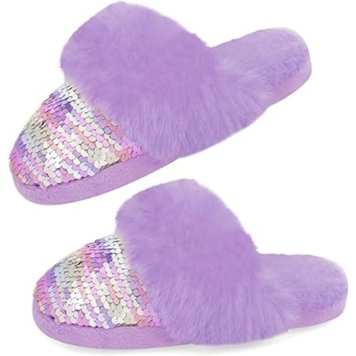 Girls Fluffy Slippers,Sequin Faux Fur Fuzzy Slip-on House Slippers with Memory Foam House Shoes for Girls Bedroom Slippers