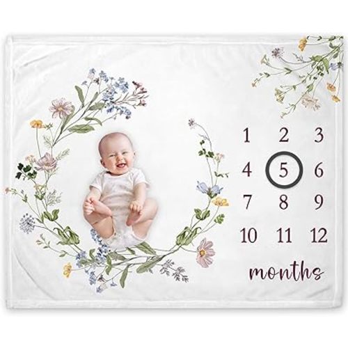 Yuzioey Wildflower Milestone Blanket, Wildflower Baby Growth Chart Monthly Blanket, Watch Me Grow Floral Baby Nursery for New Moms Baby Shower(50"x40")