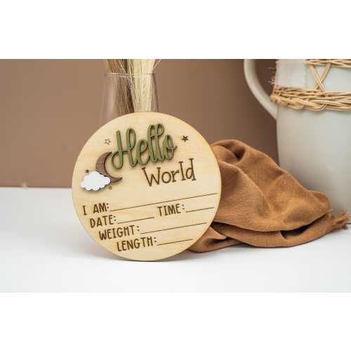 Hello World Baby Announcement Sign – Wooden Birth Stats Plaque with Moon & Stars | Newborn Photo Prop, Gender Neutral Baby Shower Gift