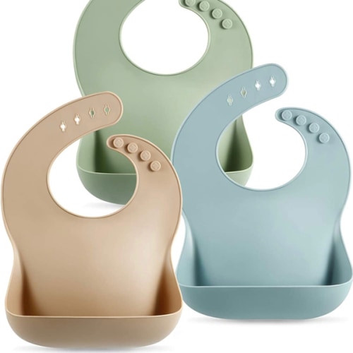 PandaEar 3 Pack Waterproof Silicone Baby Bibs| Super Thin Light Weight for Babies & Toddlers| Adjustable Soft Silicone Feeding Bibs with Food Catcher Pocket, Unisex, Non Messy