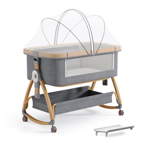 Baby Bassinet, Bedside Bassinet for Baby, 4 in 1 Portable Bassinet Bedside Sleeper with Wheels Mosquito Net & Storage Basket, 6 Height Adjustable Rocking Bassinet for Newborn Baby