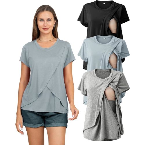Rnxrbb 3 Pack Women's Nursing Tops for Breastfeeding Summer Short Sleeve T Shirts Postpartum Double Layer Clothes