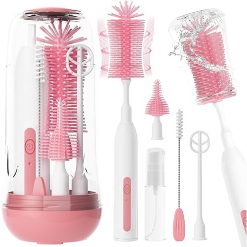 Electric Bottle Brush Cleaner,Rechargeable Baby Bottle Cleaning kit with Formula Mixer, Silicone Nipple&Straw Brush, Soap Dispenser, Drying Rack-IPX7 Waterproof,Long Battery Life for Home & Travel