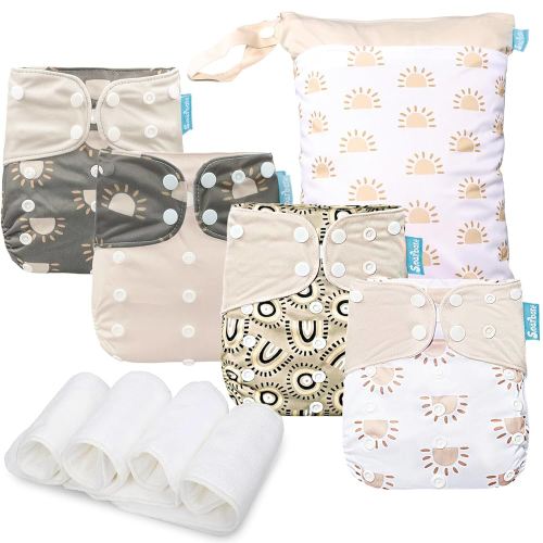 Baby Cloth Diapers Set - 4 Pack with 4 Inserts & 1 Wet/Dry Separation Bag, Reusable Infant Toddler Nappy, Adjustable Pocket Diapers for Baby Boys and Girls (6-33 pounds, 0-3 Years)