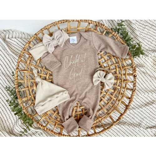 Christian footie with handmade bow hat, Child of God coming home outfit, baby shower gift