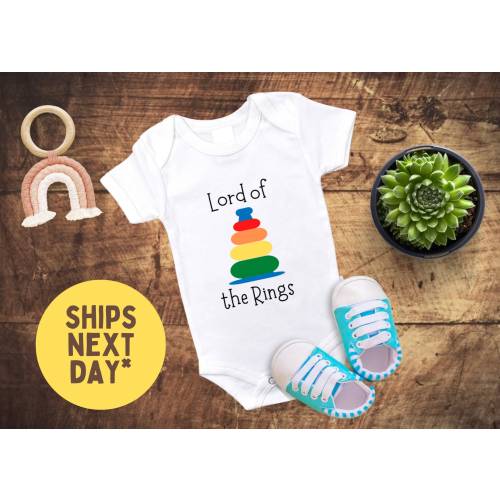Lord of the Rings Onesie, Funny Baby Onesie featuring Baby Toys, Plastic Ring Tower Cute Baby Onesie, Nerd Baby Onesie