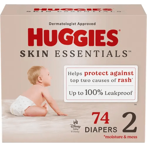 Huggies Size 2 Diapers, Skin Essentials Baby Diapers, Size 2 (12-18 lbs), 74 Count, Packaging May Vary