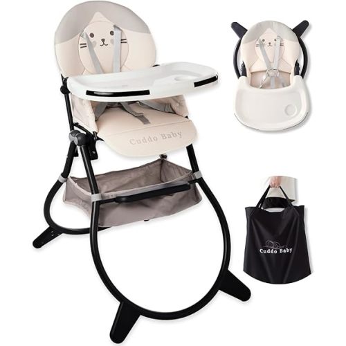 CuddoBaby Foldable High Chair, No Assembly Needed, Portable with Storage Bag, One-Piece Base, 5-Point Harness, Adjustable Tray, Waterproof PU, Purrfect Highchair for Babies & Toddlers- Me