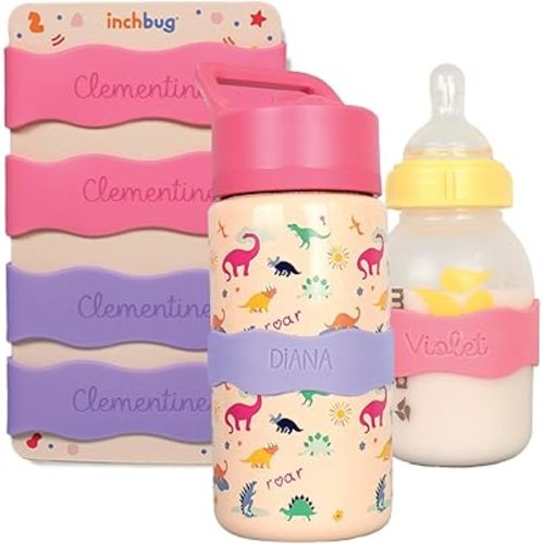 InchBug Orbit Labels Baby Bottle and Water Bottle Silicone Name Bands – Personalized Reusable Label Set for Daycare, Sippy Cups, Preschool, Elementary School, Dishwasher Safe (Fairy Dust) 4-Pack