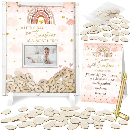 Thyle 65 Pcs Baby Shower Guest Book Alternative He or She Gender Reveal Baby Shower Favors Baby Shower Sign in Guest Book with 60 Wooden Hearts Baby Shower Picture Frame Birthday Decor(Boho Rainbow)