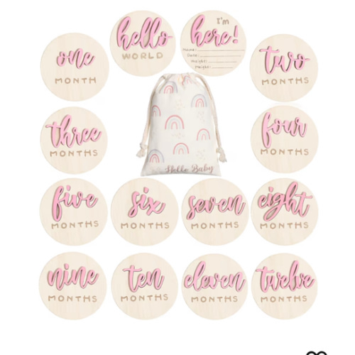 3D Baby Milestone Wooden Circles Hello World Newborn Sign 7 Pack Double Sided Monthly Milestone Cards Sign Baby Announcement Sign for Newborn Shower Photo Props(Pink)