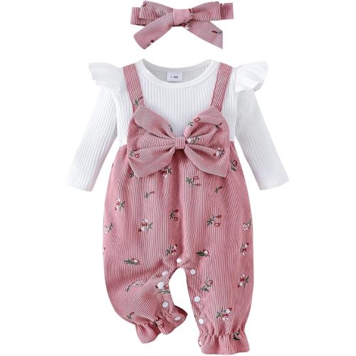 PUHHAPIEY Newborn Baby Girl Fall Clothes Corduroy Floral Bow Onesie Jumpsuits Ruffle Long Sleeve Outfit Infant Cute Romper