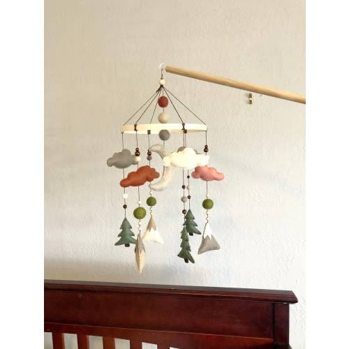 Felt mountain woodland mobile; Neutral nursery decor; boy girl rustic decor; Rust, sunset, warm natural nursery