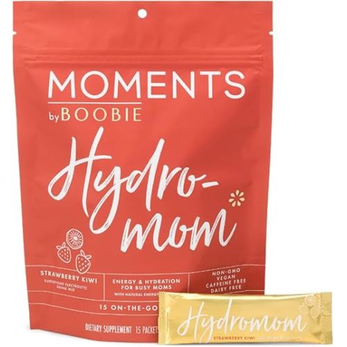Boobie Hydromom Superfood Electrolyte Drink Mix, Strawberry Kiwi | Refreshing Energy & Hydration Boost for Mamas | On-The-Go & Travel Essentials for Pregnancy, Lactation, & Beyond, 15 Packets
