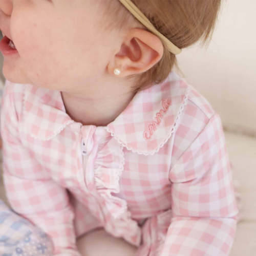 Peter Pan Collar Ruffle Zipper Footie | Rosy Gingham