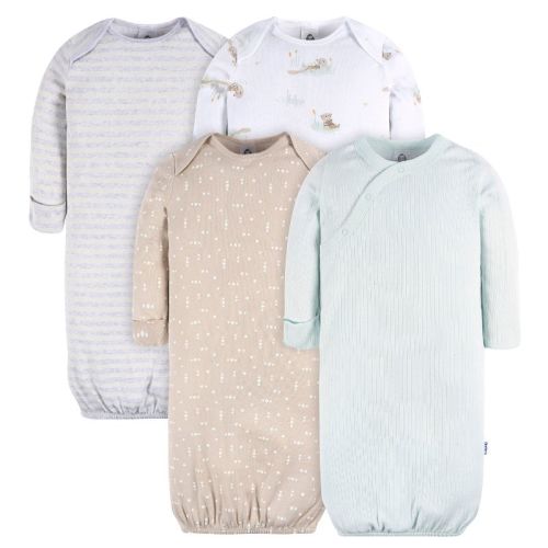 Gerber Baby Boys' Gowns With Mitten Cuffs, 4-pack, Eucalyptus Otters, Newborn