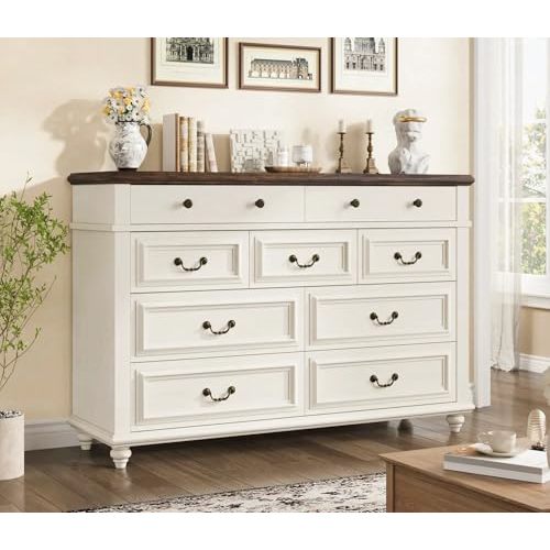 Jocoevol Cream Farmhouse Dresser for Bedroom, 9 Drawer Chest of Drawers, Tall Dressers for Bedroom Storage, Dresser for Closet, Dressers & Chests of Drawers (Cream, 53.5" Wide)