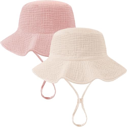 2 Pack Muslin Baby Sun Hat UPF 50+ Sun Protection Baby Bucket Hat with Wide Brim Beach Hats for Boys Girls