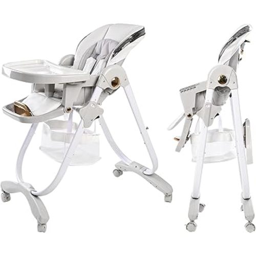 Baby High Chairs for Babies and Toddlers, 8 in 1 Foldable Baby High Chair with Adjustable Seat Back Detachable Seat Cushion and Removable Tray, Portable Baby Booster Seat with Wheels, White