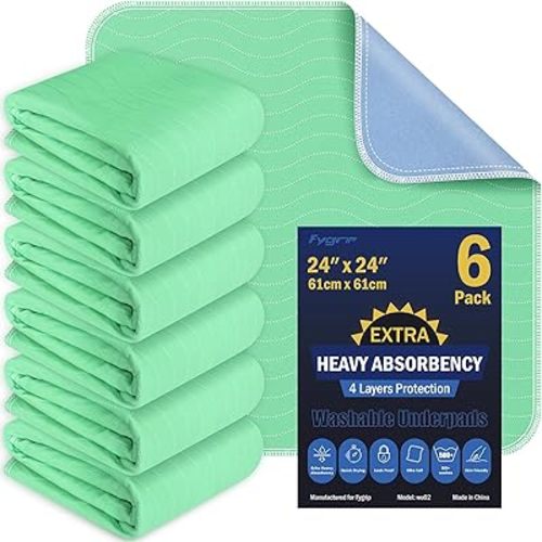 6 Pack 24” x 24” Extra Heavy Absorbency Washable Underpads, Waterproof Nursing Pads Incontinence Bed Pads, Reusable Washable Pee Pads for Dogs, Diaper Changing & Adults, Washable Puppy Pads