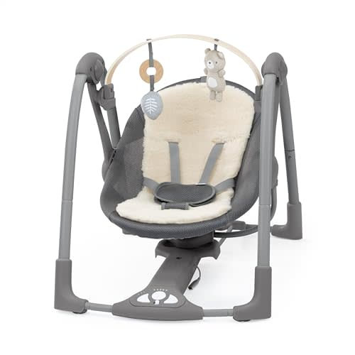 Ingenuity Every Season Swing 'n Go Portable Swing - Cooling and Warming Fabrics, Detachable Sustainable Wooden Bar, Music, Motorized Swing, for Ages 0-9 Months, Grey - Wesley