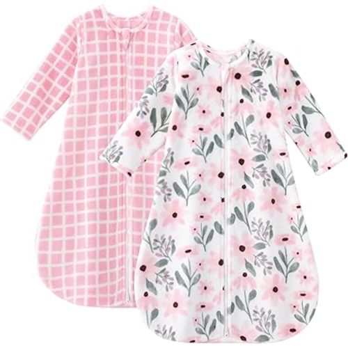 Yoofoss Long Sleeve Fleece Baby Sleep Sack 6-12 Months, 2 Pack TOG 1.5 Baby Wearable Blanket with 2-Way Zipper, Toddler Sleeping Sack, Soft Warm