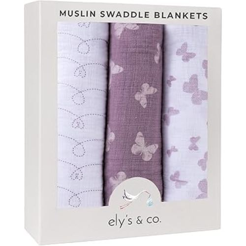 Ely's & Co. Muslin Swaddle Blankets for Baby Girls – 3 Pack, 47" x 47" Lavender Butterfly Design, 100% Soft Muslin Cotton