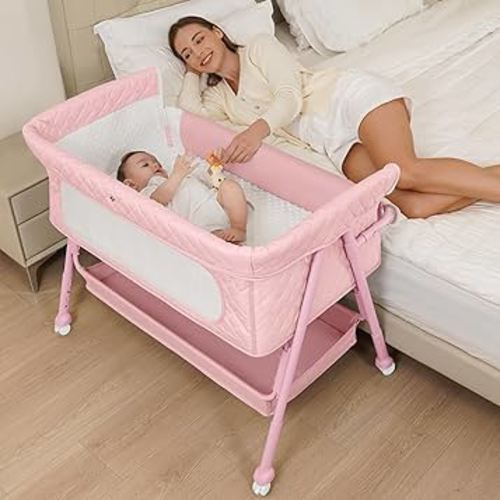 Bedside Bassinet for Baby, Easy to Assemble Portable Bassinet for Newborn with Storage Basket, Lockable Wheels & Soft Mattress, Adjustable Height Baby Bassinets Bedside Sleeper（Pink）