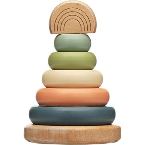 Pearhead Wooden Stacking Rainbow Toy, Baby & Toddler Ages 12+ Months Montessori Toy, Interactive Stackable Rings Learning Toy, Baby Girl or Boy Nursery Accessory