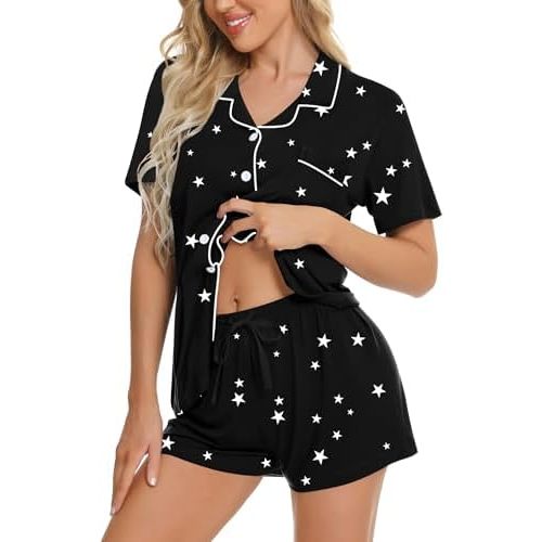 SWOMOG Womens Button Down Pajamas Set Short Sleeve Sleepwear Bride Soft Pj Lounge Sets XS-3XL
