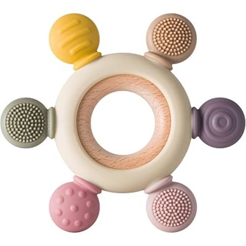 Baby Teething Toys Silicone Teethers BPA Free Silicone Rudder with Wooden Ring Soothe Babies Gums (Khaki)