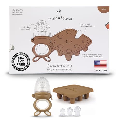 Moss and Fawn Baby's First Bites Bundle - Silicone Frozen Breast Milk Popsicle Kit with Forage Feeder & Teething Popsicle Ice Cube Tray - BPA, PVC, & Lead-Free - Foliage