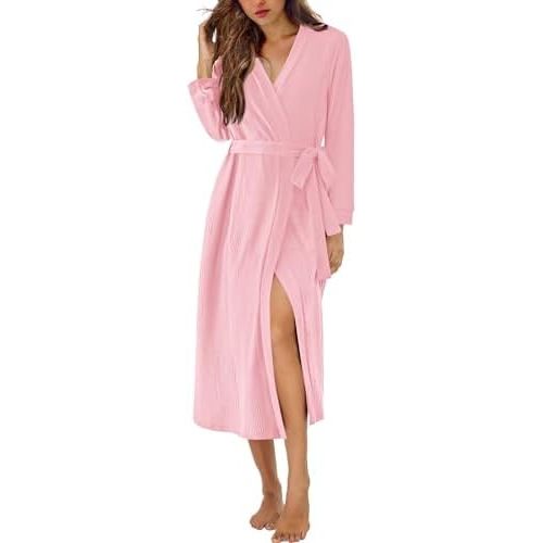 Ekouaer Waffle Robes for Women Long Knit Bathrobe Lightweight Kimono Spa Robe Soft Loungewear with Pockets S-XXL
