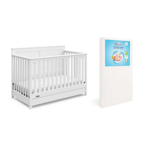 Graco Hadley 5-in-1 Convertible Crib with Drawer and Premium Crib & Toddler Mattress Bundle, White