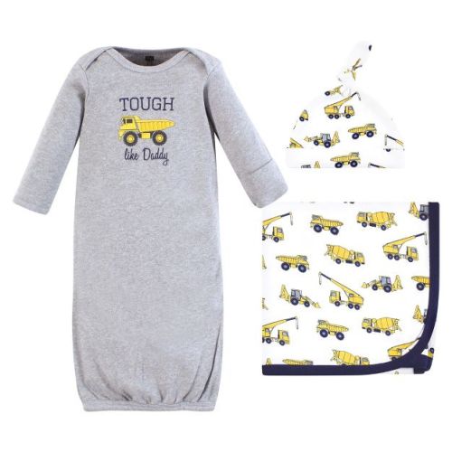 Hudson Baby Infant Boy Gown, Swaddle Blanket and Cap or Headband, Construction, 0-6 Months