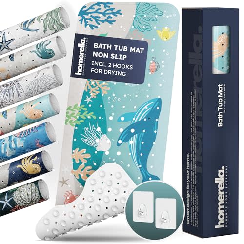 Homerella Baby Bath Tub Mat | Anti Mold Mildew Resistant Non Slip Kids and Adult Bath Tub Shower Mats | 40x16 inch Long with Suction Cups for Secure Grip Hooks for Storage & Drying | Machine Washable