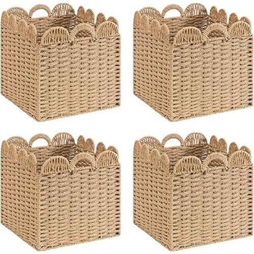 Set of 4 Scalloped Wicker Storage Cubes Basket,12"x12"x12" Heavy Duty Paper rope Baskets for Shelves,Bathroom, Bedroom, Laundry, Pantry (4-Pack)