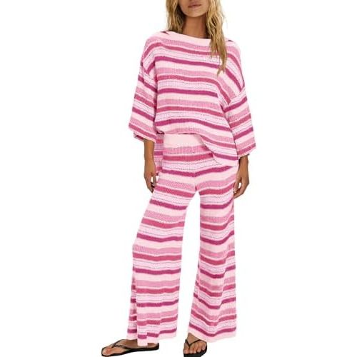 ReachMe Womens Oversized Striped 2 Piece Sets Sweater and Wide Leg Pants with Pockets Pajama Lounge Sets Casual Outfits