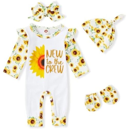 GRNSHTS Newborn Baby Girl Romper Infant Letter Print Jumpsuit Floral Bodysuit+Hat+Headband+Gloves Coming Home Clothes Outfits