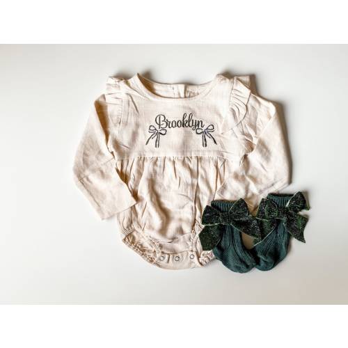 Baby Girl Monogrammed Cotton Linen Romper Outfit Set, Ruffle Sleeve Romper, with Matching Bow Socks, Thanksgiving Outfit, Christmas Outfit
