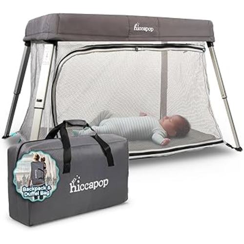 Hiccapop TravelPod Portable Crib for Baby, Lightweight, Foldable Travel Crib for Baby and Toddlers with Zippered Door, Waterproof Base & Carry Bag