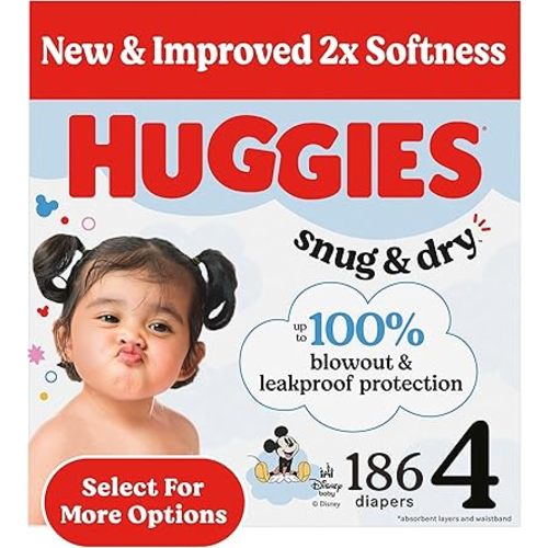 Huggies Size 4 Diapers, Snug & Dry Baby Diapers, Size 4 (22-37 lbs), 186 Count (6 Packs of 31), Packaging May Vary