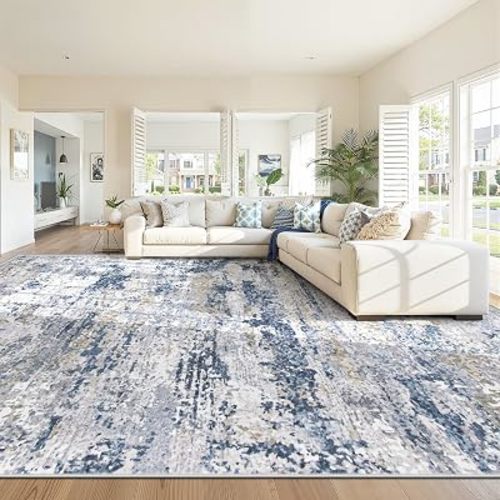 Area Rugs 8x10 Washable Rug: Abstract Neutral Rugs for Living Room Large Modern Soft Non Slip Low Pile Rug Floor Indoor Stain Resistant Carpet for Bedroom Dining Room Home Office (Blue, 8'x10')